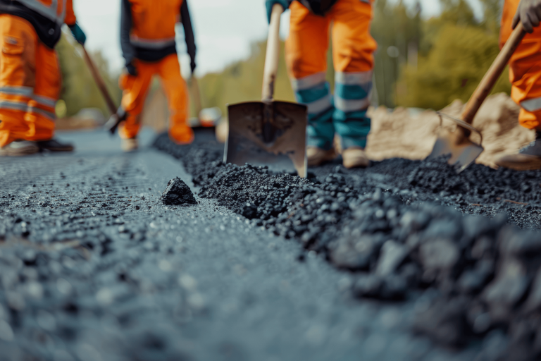 Construction workers working on a road